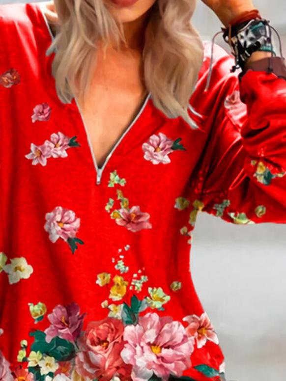 Floral Print Zipper V-neck Long Sleeve Blouse - Blouses - INS | Online Fashion Free Shipping Clothing, Dresses, Tops, Shoes - 24/05/2021 - BLO210524289 - Category_Blouses