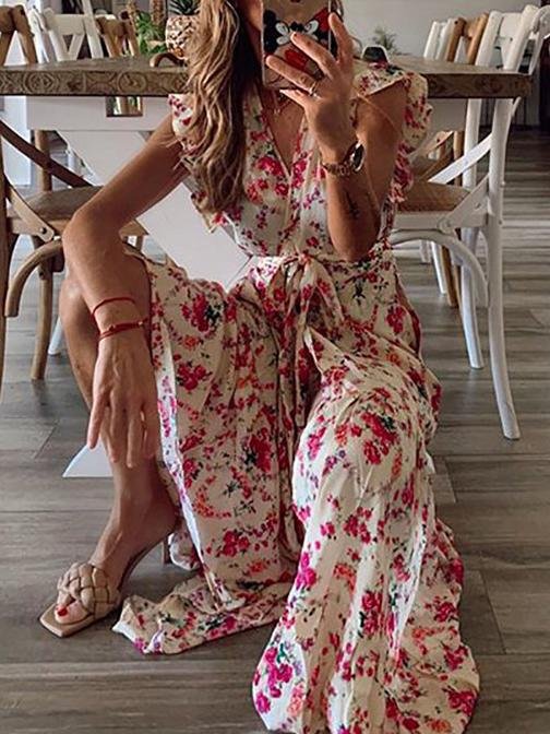 Floral Printed Bandage Maxi Dress - Maxi Dresses - INS | Online Fashion Free Shipping Clothing, Dresses, Tops, Shoes - 15/06/2021 - Color_Blue - Color_Red