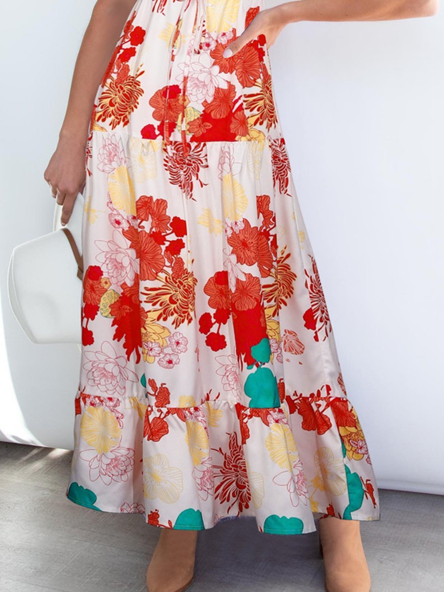 Floral Printed V Neck Short Sleeve Ruffle Hem Maxi Dress - Maxi Dresses - INS | Online Fashion Free Shipping Clothing, Dresses, Tops, Shoes - 20/05/2021 - Color_White and Chrysanthemum - DRE2105201031