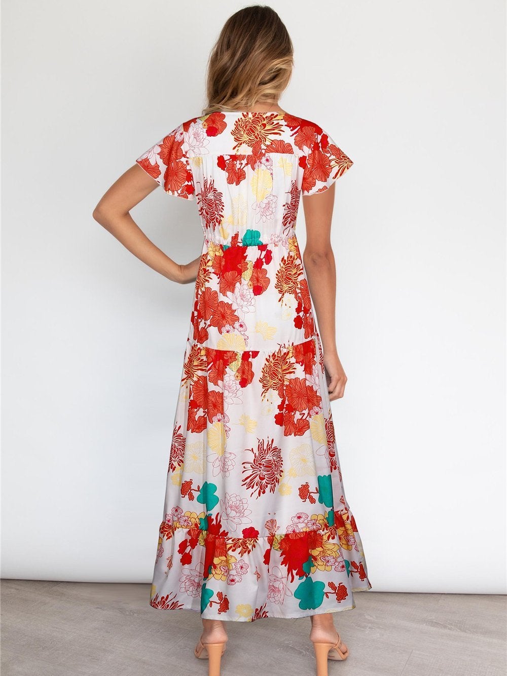Floral Printed V Neck Short Sleeve Ruffle Hem Maxi Dress - Maxi Dresses - INS | Online Fashion Free Shipping Clothing, Dresses, Tops, Shoes - 20/05/2021 - Color_White and Chrysanthemum - DRE2105201031
