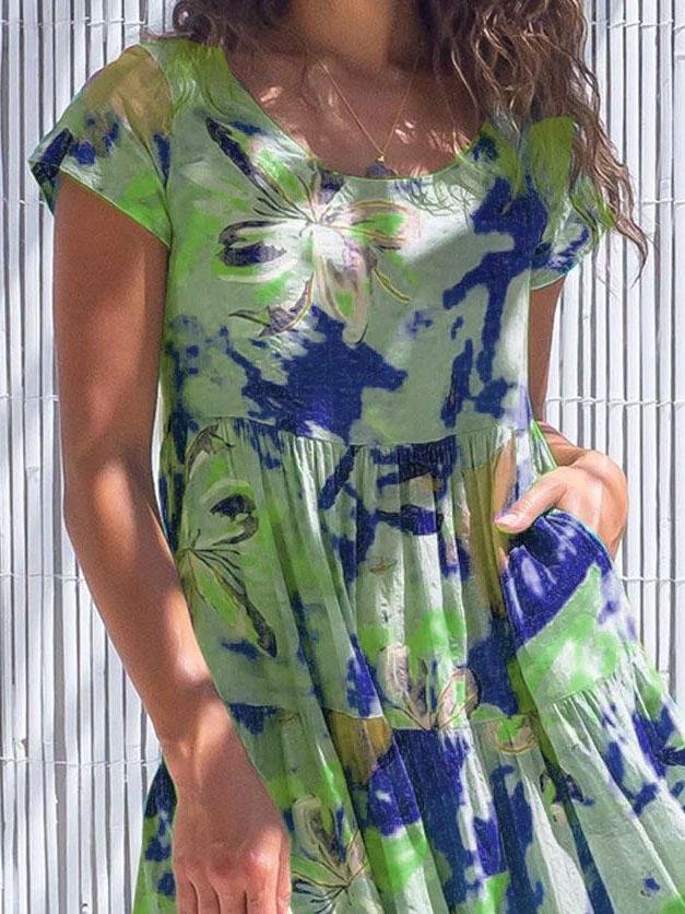 Floral Short Sleeve Round Neck Stitching High Waist Dress - Maxi Dresses - INS | Online Fashion Free Shipping Clothing, Dresses, Tops, Shoes - 04/06/2021 - Category_Maxi Dresses - Color_Cyan