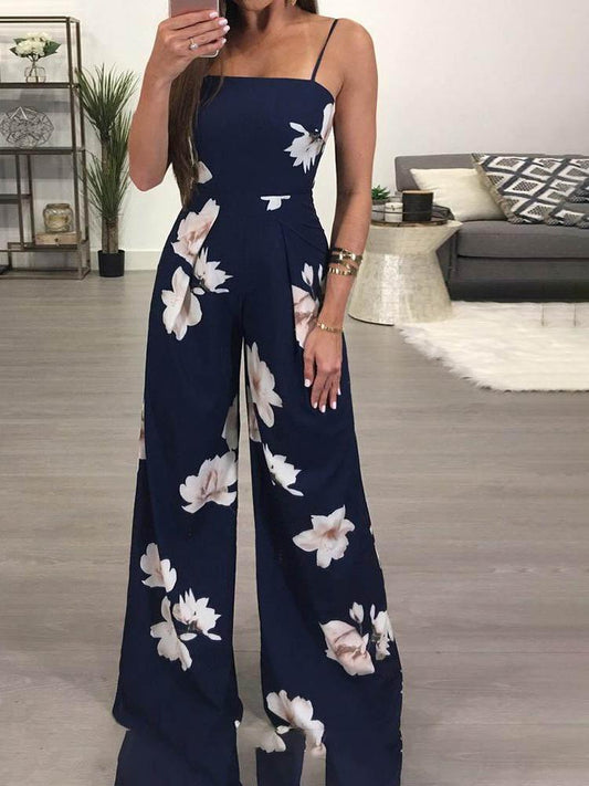 Floral Spaghetti Strap Wide Leg Jumpsuit - Jumpsuits & Rompers - INS | Online Fashion Free Shipping Clothing, Dresses, Tops, Shoes - 30/04/2021 - Color_ Dark Blue - JUM210430070