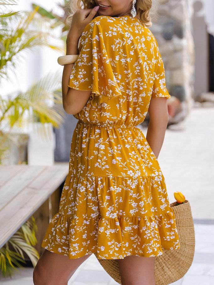 Floral V-neck Ruffle Sleeve Dress - Mini Dresses - INS | Online Fashion Free Shipping Clothing, Dresses, Tops, Shoes - 24/06/2021 - 30-40 - color-yellow