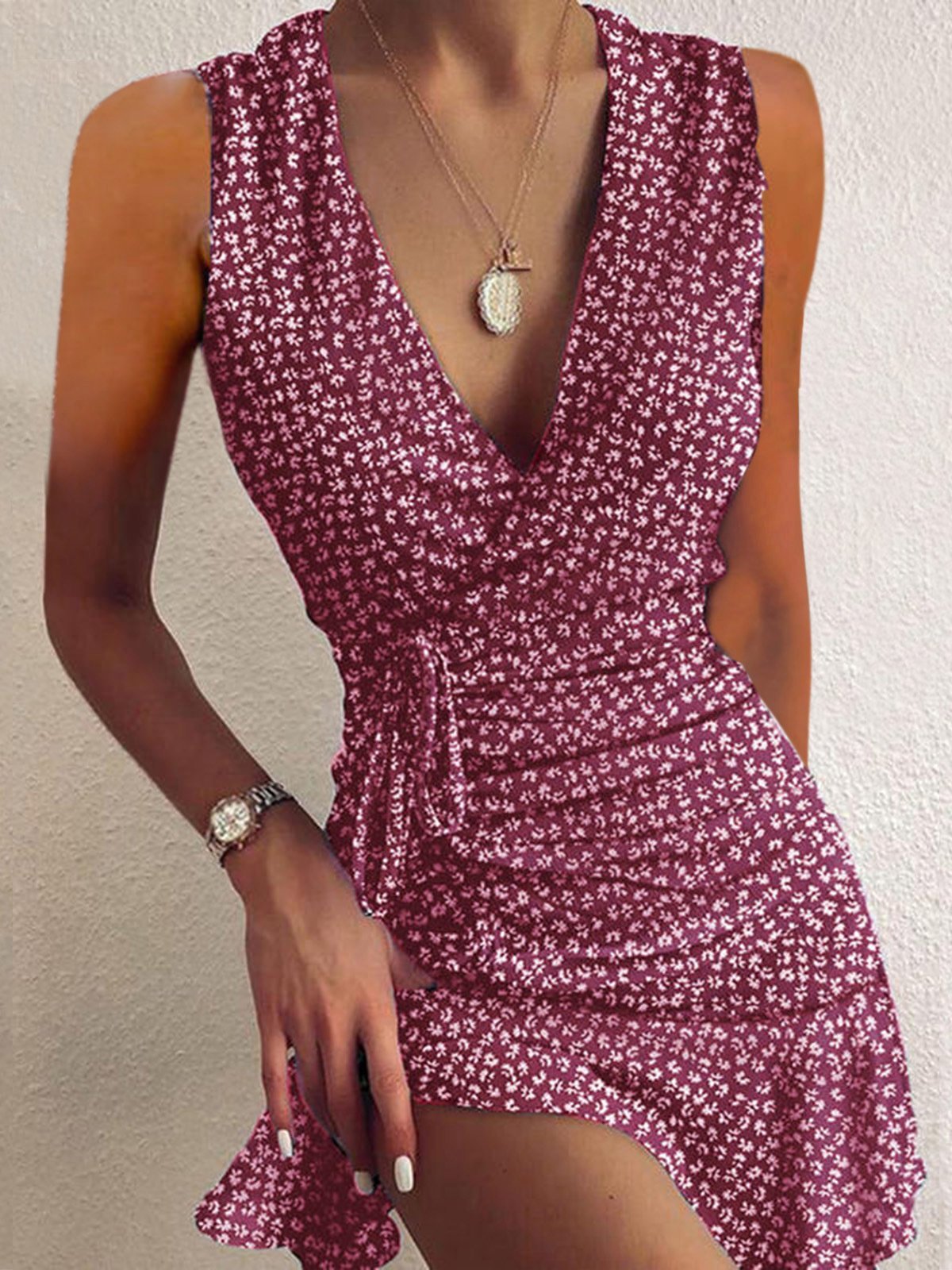 Floral V-neck Sleeveless Ruffled Hem Dress - Mini Dresses - INS | Online Fashion Free Shipping Clothing, Dresses, Tops, Shoes - 10-20 - 16/06/2021 - color-black