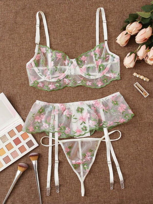 Flower Embroidery Mesh Bra & Thong & Garter - INS | Online Fashion Free Shipping Clothing, Dresses, Tops, Shoes
