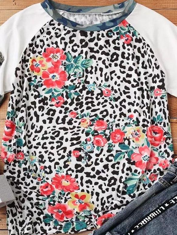 Flower Leopard Print Short Sleeve Crew Neck T-Shirt - T-Shirts - INS | Online Fashion Free Shipping Clothing, Dresses, Tops, Shoes - 09/07/2021 - 20-30 - Category_T-Shirts