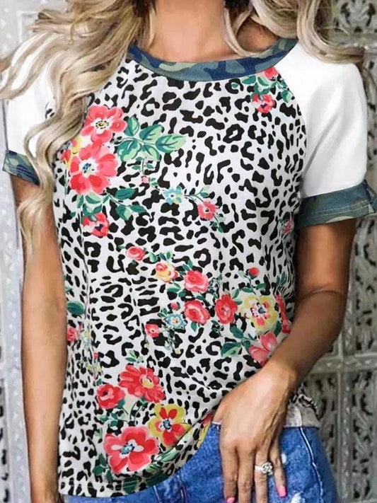Flower Leopard Print Short Sleeve Crew Neck T-Shirt - T-Shirts - INS | Online Fashion Free Shipping Clothing, Dresses, Tops, Shoes - 09/07/2021 - 20-30 - Category_T-Shirts