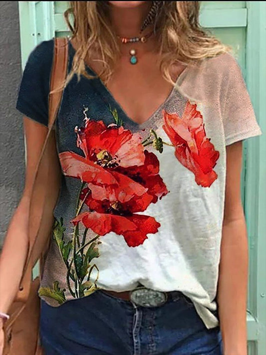 Flower Print Casual V-neck Short Sleeve T-shirt - T-Shirts - INS | Online Fashion Free Shipping Clothing, Dresses, Tops, Shoes - 01/06/2021 - Category_T-Shirts - Color_White