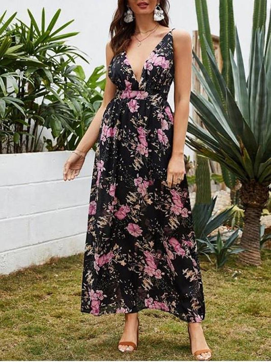 Flower Print Low Cut Backless Bohemian Dress - Dresses - INS | Online Fashion Free Shipping Clothing, Dresses, Tops, Shoes - 02/08/2021 - Beach - Black