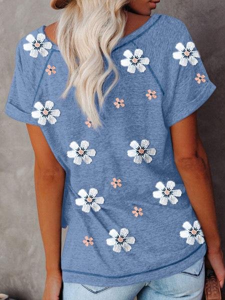 Flower Print Round Neck Short Sleeve T-Shirt - T-Shirts - INS | Online Fashion Free Shipping Clothing, Dresses, Tops, Shoes - 17/07/2021 - 20-30 - Category_T-Shirts