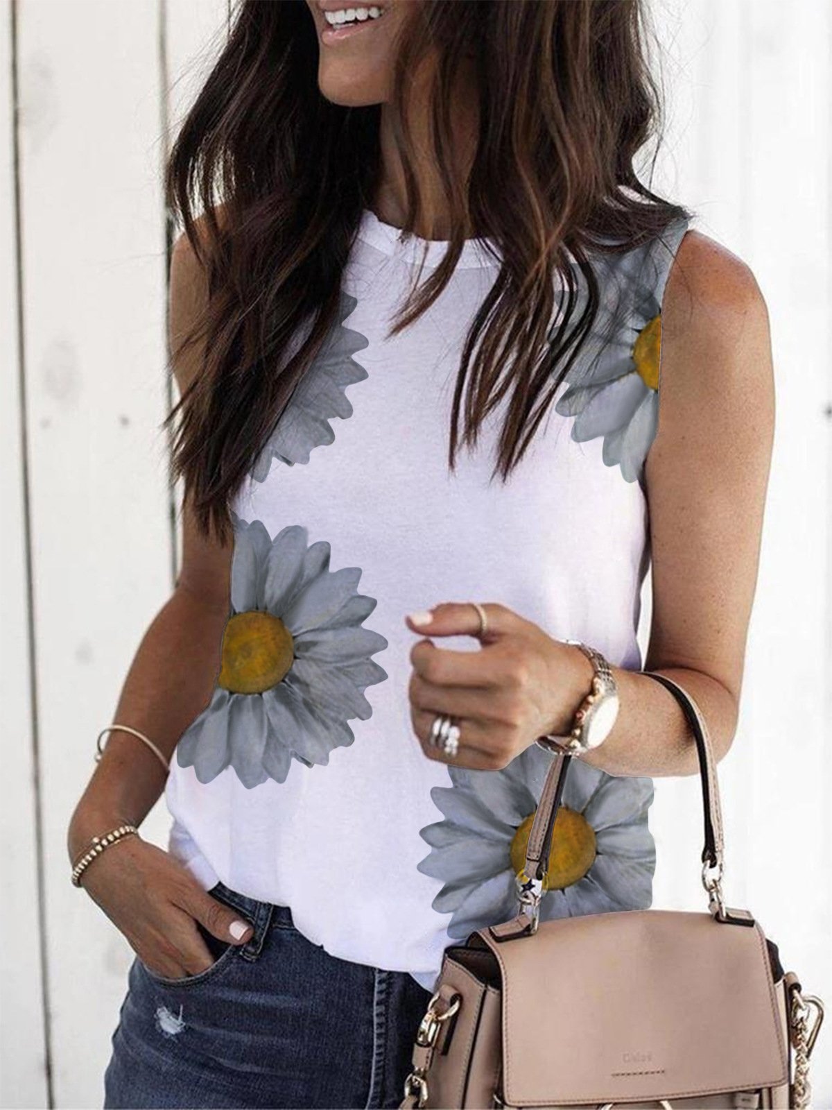 Flower Print Sleeveless Crew Neck Tank Top - Tank Tops - INS | Online Fashion Free Shipping Clothing, Dresses, Tops, Shoes - 07/07/2021 - 10-20 - color-white