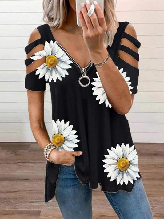 Flower Printed Zipper Off-shoulder T-shirt - T-shirts - INS | Online Fashion Free Shipping Clothing, Dresses, Tops, Shoes - 06/07/2021 - 20-30 - color-black