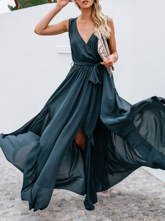 Flowy V-neck Sleeveless Mid-waist Dress - Maxi Dresses - INS | Online Fashion Free Shipping Clothing, Dresses, Tops, Shoes - 18/06/2021 - 20-30 - color-navy-blue