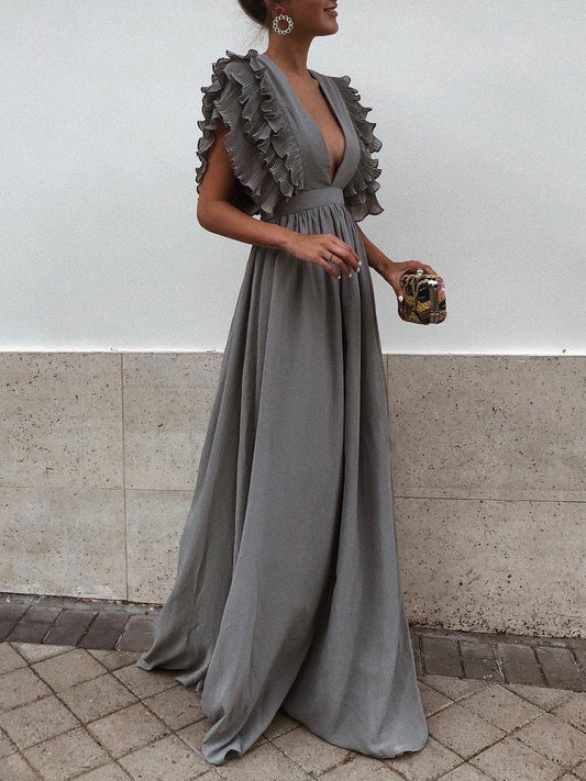 Flying Sleeves V-neck Open Back Solid Long Flowy Dress - Maxi Dresses - INS | Online Fashion Free Shipping Clothing, Dresses, Tops, Shoes - 22/07/2021 - 30-40 - color-black