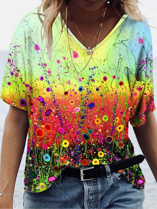 Foral Printed V-neck Short-sleeved T-shirt - T-shirts - INS | Online Fashion Free Shipping Clothing, Dresses, Tops, Shoes - 07/06/2021 - Color_Yellow - Size_2XL