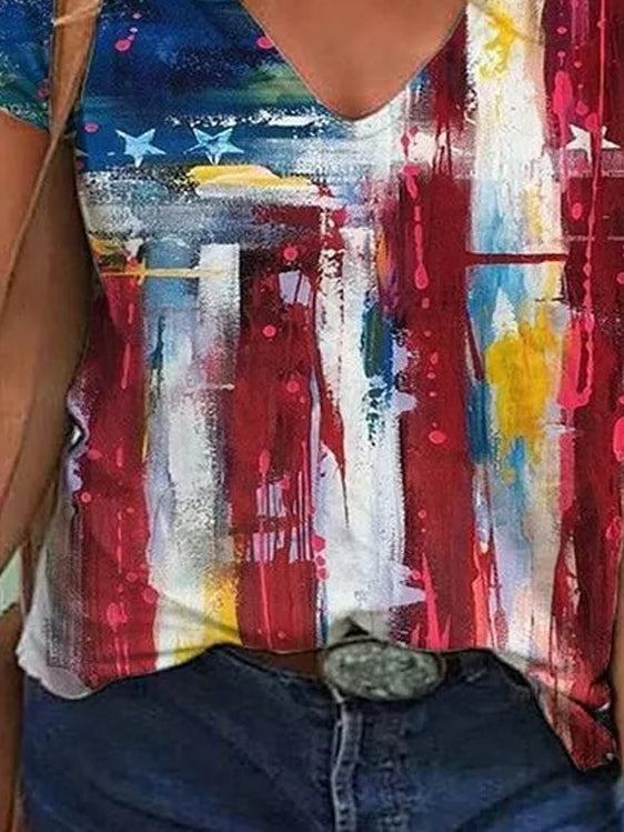 Multicolor Printed V Neck Loose Short Sleeve T-shirt