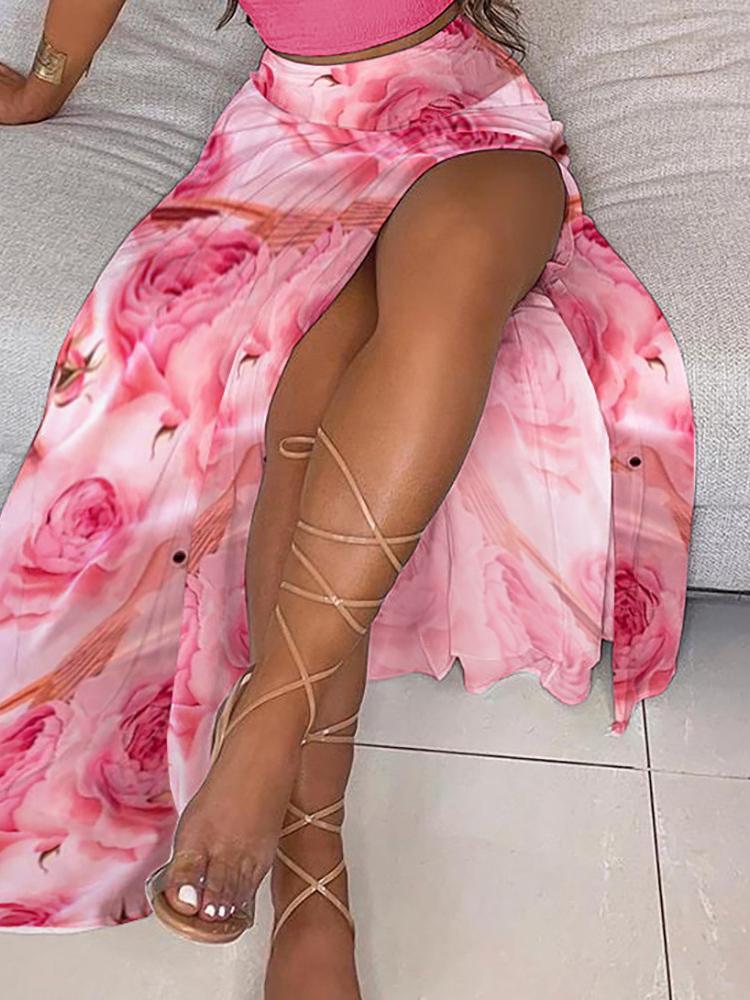 Frill Trim Crop Top & Floral Print High Slit Maxi Skirt Sets - Two-piece Outfits - INS | Online Fashion Free Shipping Clothing, Dresses, Tops, Shoes - 29/04/2021 - Color_Pink - Maxi Dresses