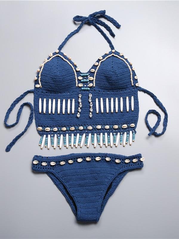 Fringe Halter Crochet Triangle Bikini Two Piece Swimsuit - Swimsuits - INS | Online Fashion Free Shipping Clothing, Dresses, Tops, Shoes - 14/04/2021 - Season_Summer - Size_One Size