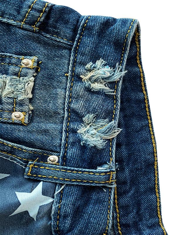 Fringed Star Stripe Print Casual Denim Shorts - Denim Shorts - INS | Online Fashion Free Shipping Clothing, Dresses, Tops, Shoes - 10/05/2021 - Category_Denim Shorts - Color_Navy Blue
