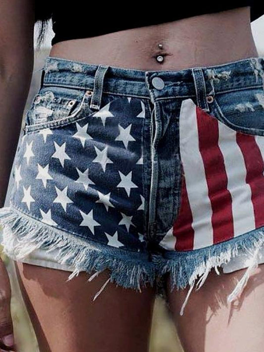 Fringed Star Stripe Print Casual Denim Shorts - Denim Shorts - INS | Online Fashion Free Shipping Clothing, Dresses, Tops, Shoes - 10/05/2021 - Category_Denim Shorts - Color_Navy Blue