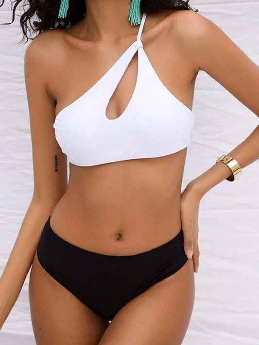 Front One-shoulder Sports Cutout Bikini Two-piece Swimsuit - Swimsuits - INS | Online Fashion Free Shipping Clothing, Dresses, Tops, Shoes - 14/04/2021 - Colour_Black - Colour_White
