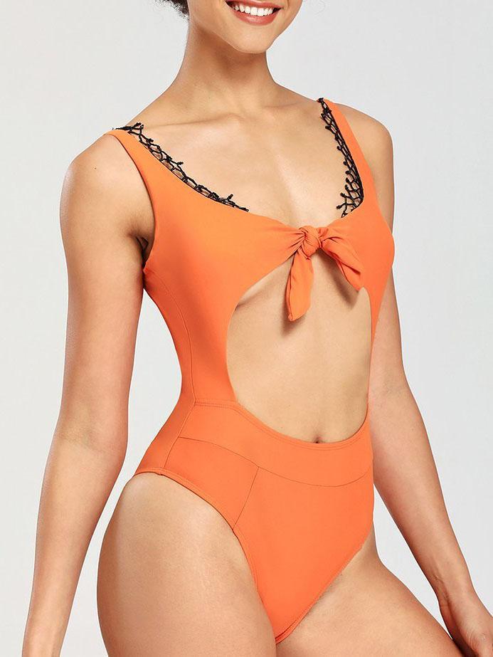 Front Tie Cutout With Lace One-Piece Bikini - Swimsuits - INS | Online Fashion Free Shipping Clothing, Dresses, Tops, Shoes - 06/04/2021 - AMZ - Color_Orange