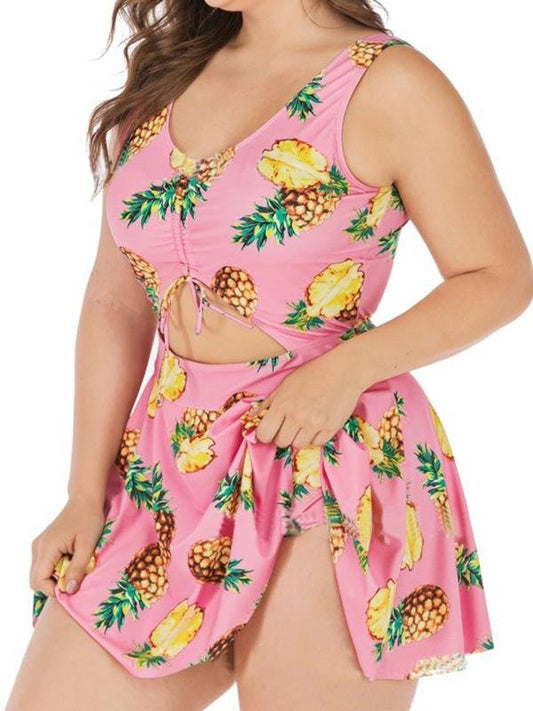 Fruit Print Hollow Out Plus Size One Piece Swimsuit - Plus Swimsuits - INS | Online Fashion Free Shipping Clothing, Dresses, Tops, Shoes - 21/04/2021 - Catagory_Plus Swimsuits - Color_Mango