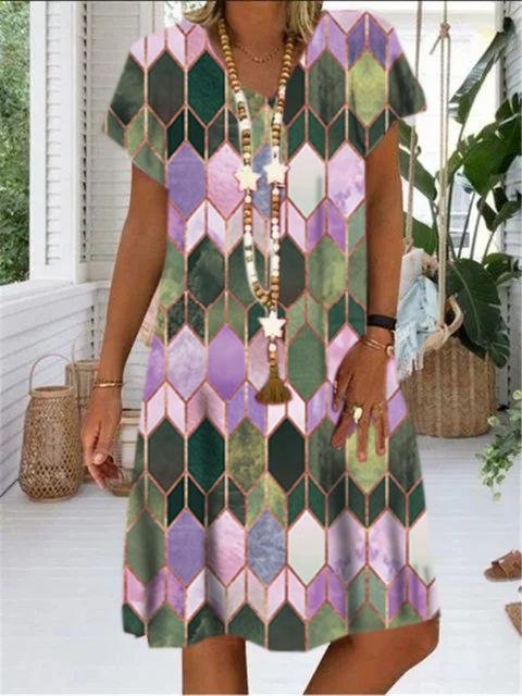 Gem Print V-neck Short Sleeve Dress - Mini Dresses - INS | Online Fashion Free Shipping Clothing, Dresses, Tops, Shoes - 05/07/2021 - 20-30 - color-blue