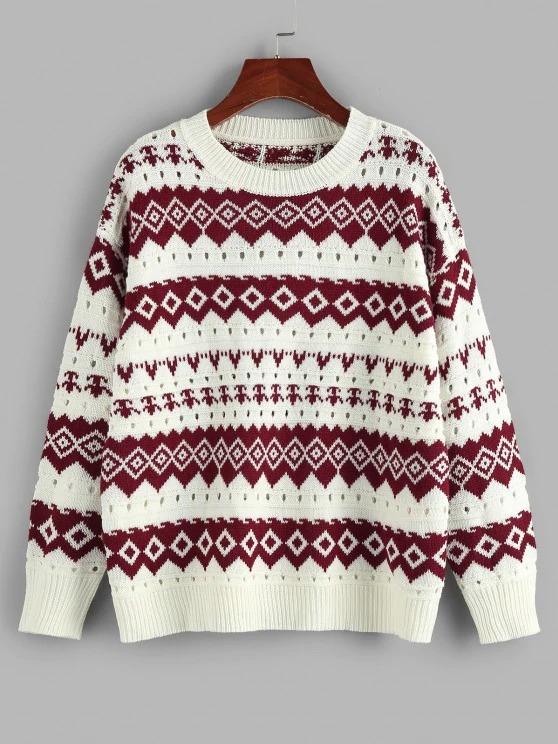 Geo Drop Shoulder Pointelle Knit Sweater - INS | Online Fashion Free Shipping Clothing, Dresses, Tops, Shoes