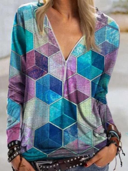 Geometric Print V-neck Zipper Long-sleeved T-shirt - T-shirts - INS | Online Fashion Free Shipping Clothing, Dresses, Tops, Shoes - 10-20 - 17/06/2021 - color-blue