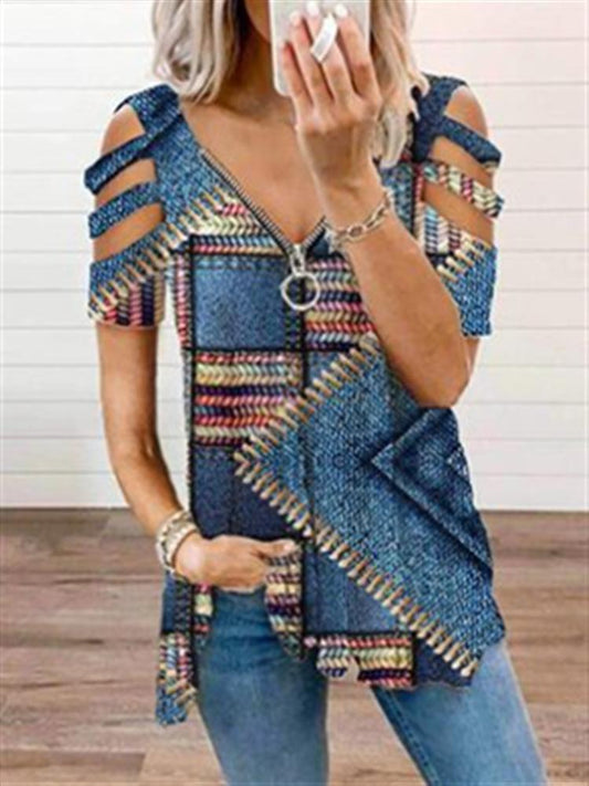 Geometric Print V-Neck Zipper Short Sleeve T-Shirt - T-Shirts - INS | Online Fashion Free Shipping Clothing, Dresses, Tops, Shoes - 20-30 - 21/06/2021 - Category_T-Shirts