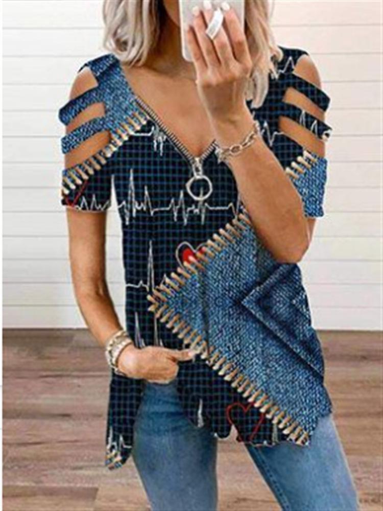 Geometric Print V-Neck Zipper Short Sleeve T-Shirt - T-Shirts - INS | Online Fashion Free Shipping Clothing, Dresses, Tops, Shoes - 20-30 - 21/06/2021 - Category_T-Shirts