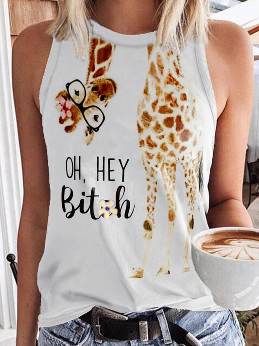 Giraffe Glasses English Printing Round Neck Sleeveless Tank Tops - Tank Tops - INS | Online Fashion Free Shipping Clothing, Dresses, Tops, Shoes - 10/06/2021 - Category_Tank Tops - Color_White