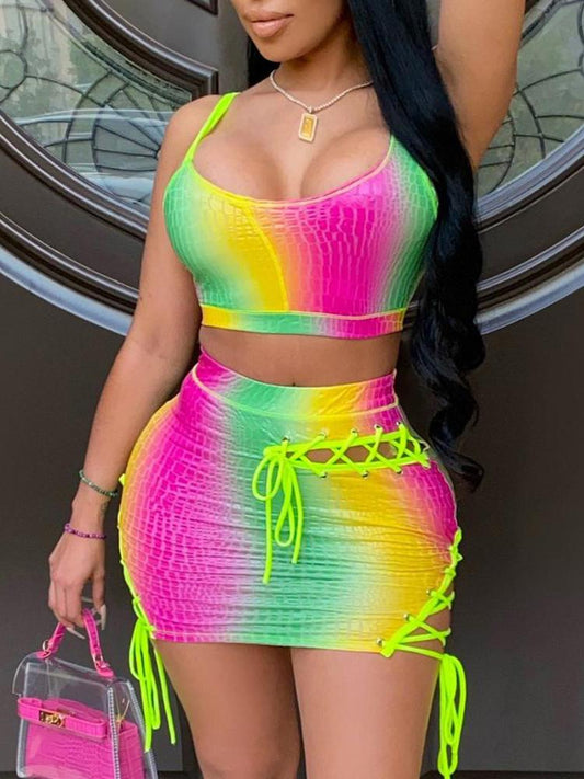 Gradient Color Crop Top & Eyelet Lace-up Skirt Set - Sets - INS | Online Fashion Free Shipping Clothing, Dresses, Tops, Shoes - 29/04/2021 - Category_Sets - Color_Multicolor