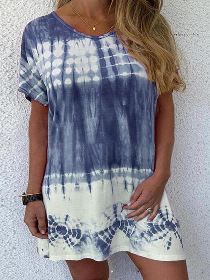 Gradient Round Neck Short Sleeve Dress - Mini Dresses - INS | Online Fashion Free Shipping Clothing, Dresses, Tops, Shoes - 10-20 - 19/06/2021 - color-light-blue