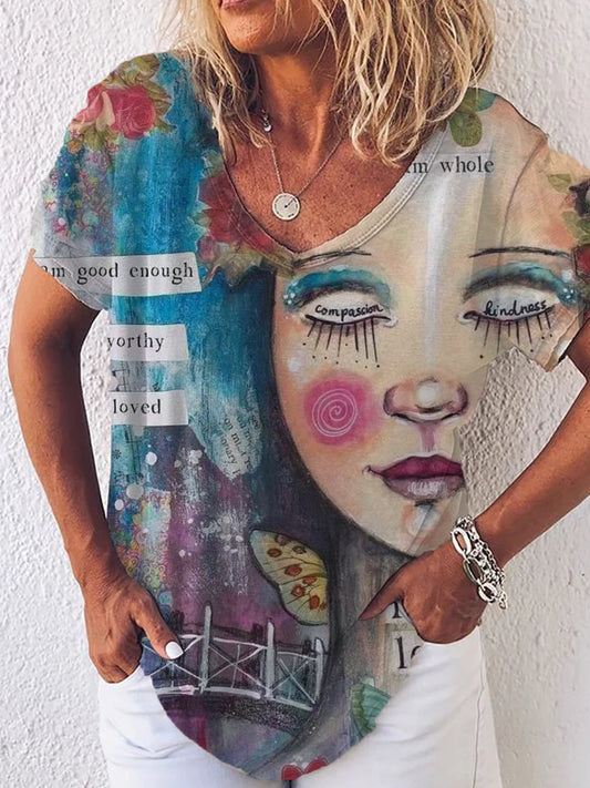 Graphic Gradient V-Neck Print Short Sleeve T-Shirt - T-Shirts - INS | Online Fashion Free Shipping Clothing, Dresses, Tops, Shoes - 01/07/2021 - 10-20 - Category_T-Shirts