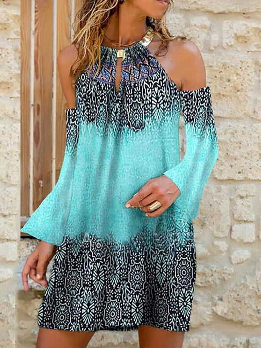 Graphic Print Colorblock Cold Shoulder Long Sleeve Dress - Mini Dresses - INS | Online Fashion Free Shipping Clothing, Dresses, Tops, Shoes - 28/04/2021 - Category_Mini Dresses - Color_Light Blue