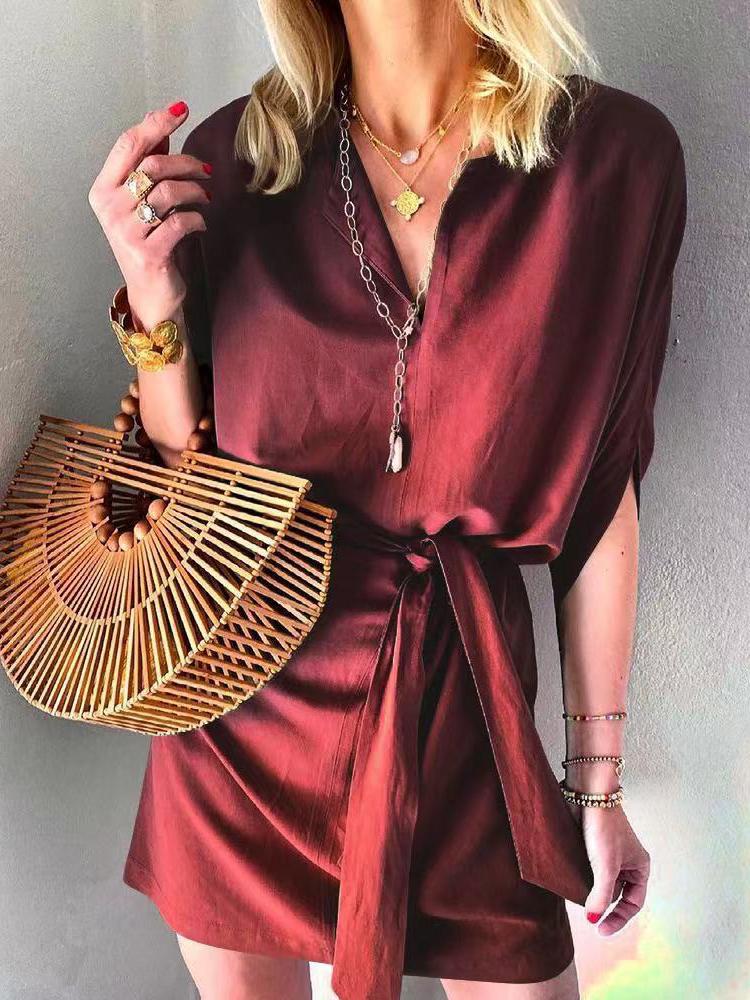 Half-Sleeve Tie Casual Solid Dress - Mini Dresses - INS | Online Fashion Free Shipping Clothing, Dresses, Tops, Shoes - 20-30 - 21/06/2021 - Category_Mini Dresses