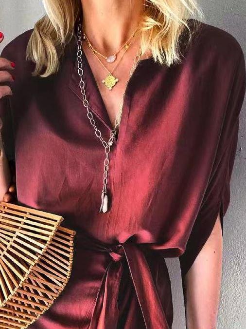 Half-Sleeve Tie Casual Solid Dress - Mini Dresses - INS | Online Fashion Free Shipping Clothing, Dresses, Tops, Shoes - 20-30 - 21/06/2021 - Category_Mini Dresses