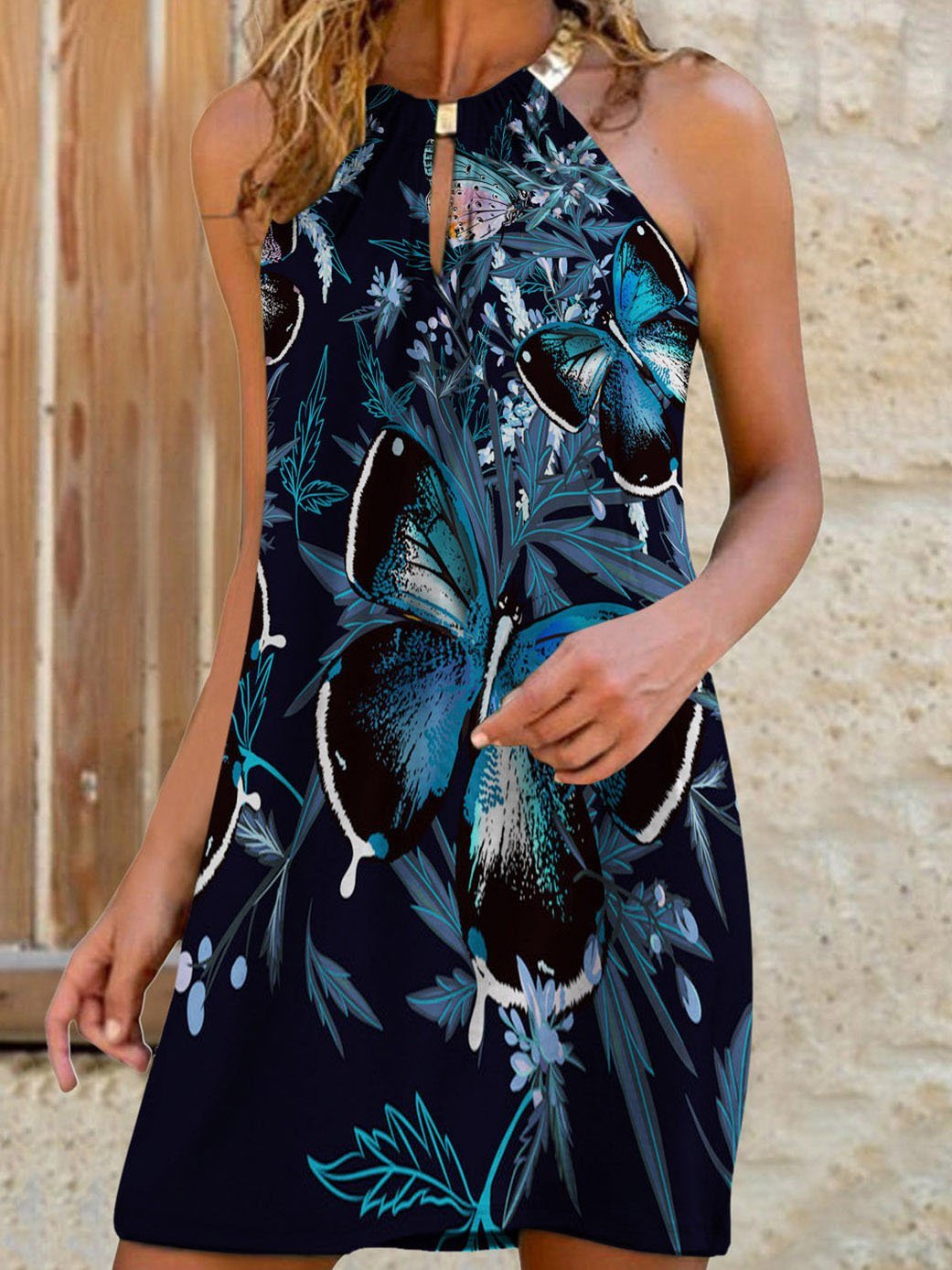 Halter Neck Butterfly Print Sleeveless Dress - Mini Dresses - INS | Online Fashion Free Shipping Clothing, Dresses, Tops, Shoes - 05/06/2021 - Category_Mini Dresses - Color_Black