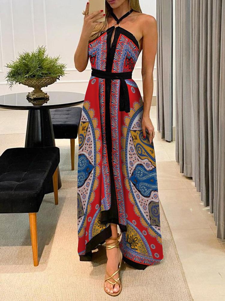 Halter Scarf Print High Slit Maxi Dress - Maxi Dresses - INS | Online Fashion Free Shipping Clothing, Dresses, Tops, Shoes - 28/04/2021 - Category_Maxi Dresses - Color_Red