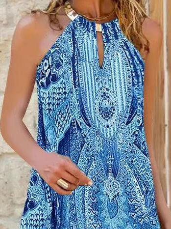 Halter Sleeveless Printed Casual Dress - Mini Dresses - INS | Online Fashion Free Shipping Clothing, Dresses, Tops, Shoes - 08/06/2021 - Category_Mini Dresses - Color_Blue