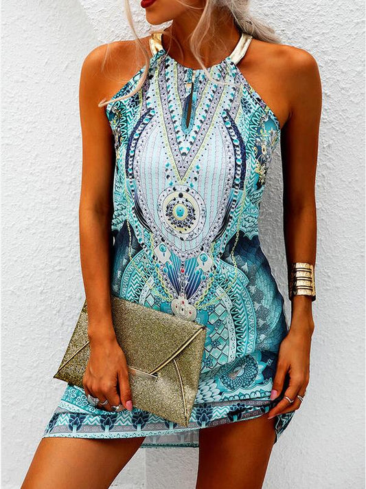 Hanging Neck Leaky Shoulder V-neck Printed Dress - Mini Dresses - INS | Online Fashion Free Shipping Clothing, Dresses, Tops, Shoes - 10/06/2021 - Category_Mini Dresses - Color_Blue