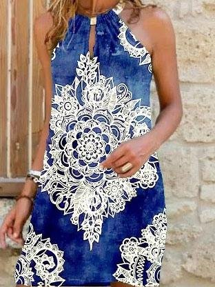 Hanging Neck Sleeveless Slimming Casual Printed Dress - Mini Dresses - INS | Online Fashion Free Shipping Clothing, Dresses, Tops, Shoes - 04/06/2021 - Category_Mini Dresses - Color_Blue