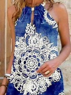Hanging Neck Sleeveless Slimming Casual Printed Dress - Mini Dresses - INS | Online Fashion Free Shipping Clothing, Dresses, Tops, Shoes - 04/06/2021 - Category_Mini Dresses - Color_Blue