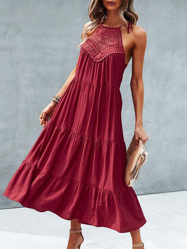 Hanging Neck Solid Color Stitching Big Swing Dress - Midi Dresses - INS | Online Fashion Free Shipping Clothing, Dresses, Tops, Shoes - 05/17/2021 - Category_Midi Dresses - Color_Army Green