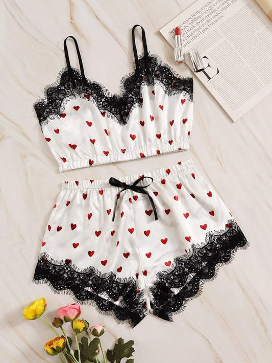 Heart Print Eyelash Lace Satin Lingerie Set - INS | Online Fashion Free Shipping Clothing, Dresses, Tops, Shoes