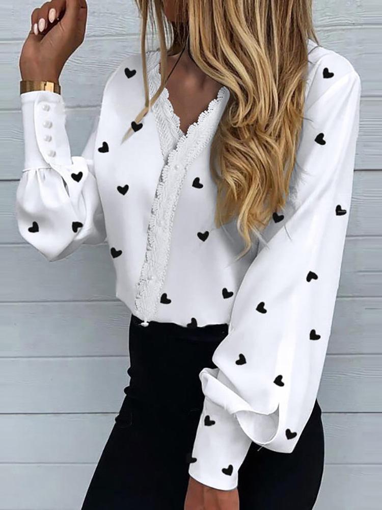 Heart Print Lantern Sleeve Shirt - Blouses - INS | Online Fashion Free Shipping Clothing, Dresses, Tops, Shoes - 29/04/2021 - BLO210429044 - Blouses
