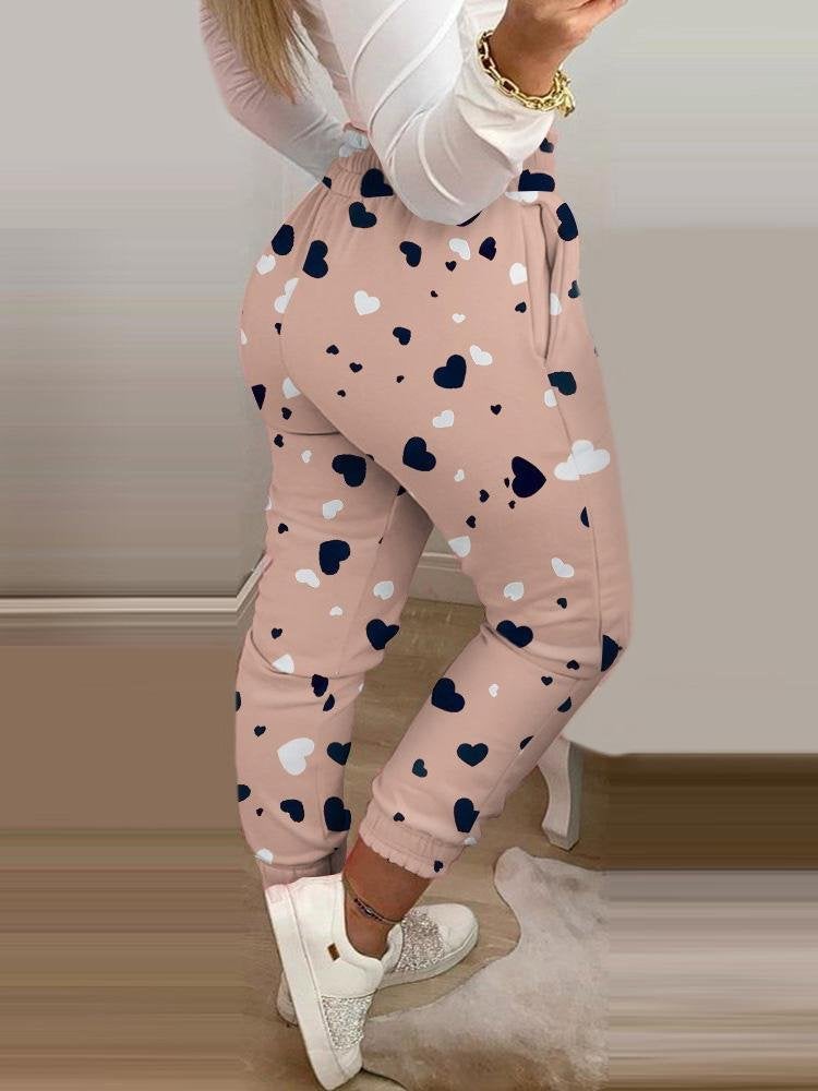 Heart Print Shirring Waist Pocket Design Casual Pants - Pants - INS | Online Fashion Free Shipping Clothing, Dresses, Tops, Shoes - 04/05/2021 - Category_Pants - Color_Pink