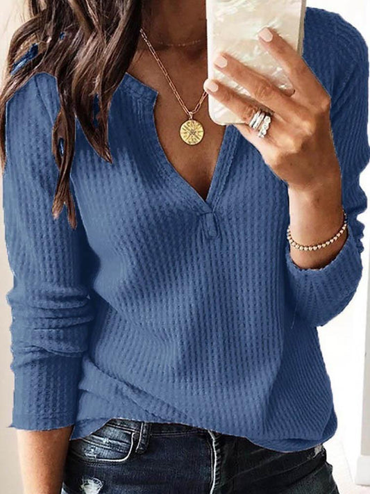 Henley Tops Waffle Knit Tunic V Neck Casual Short Sleeve Pullover T shirt - Blouses - INS | Online Fashion Free Shipping Clothing, Dresses, Tops, Shoes - 30/04/2021 - BLO210430022 - Blouses